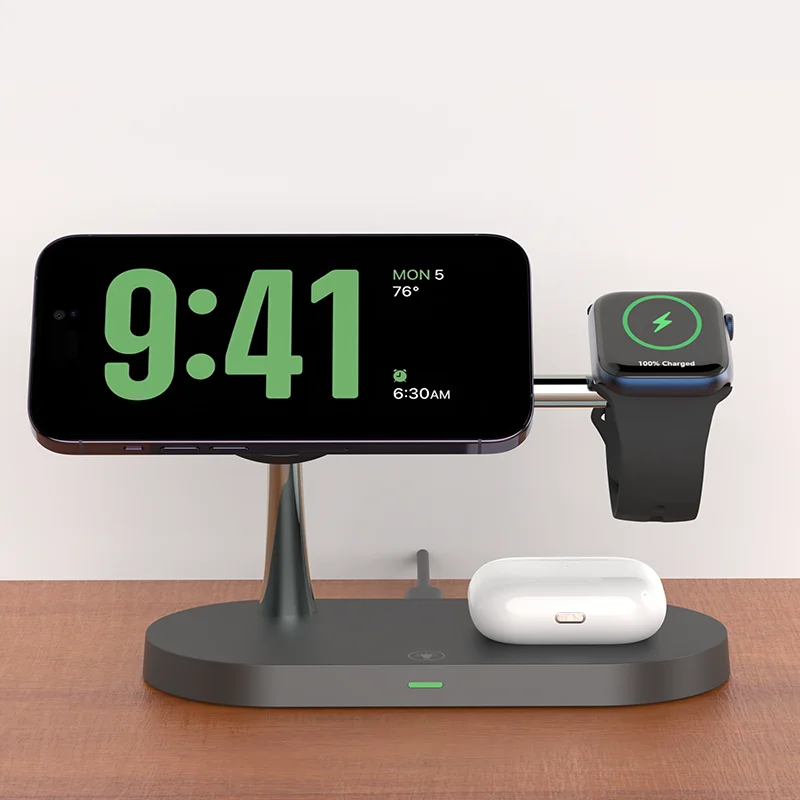 3-in-1 Wireless Charger Stand: For iPhone 12 and up, Apple Watch 6 and up, and AirPods Pro Black